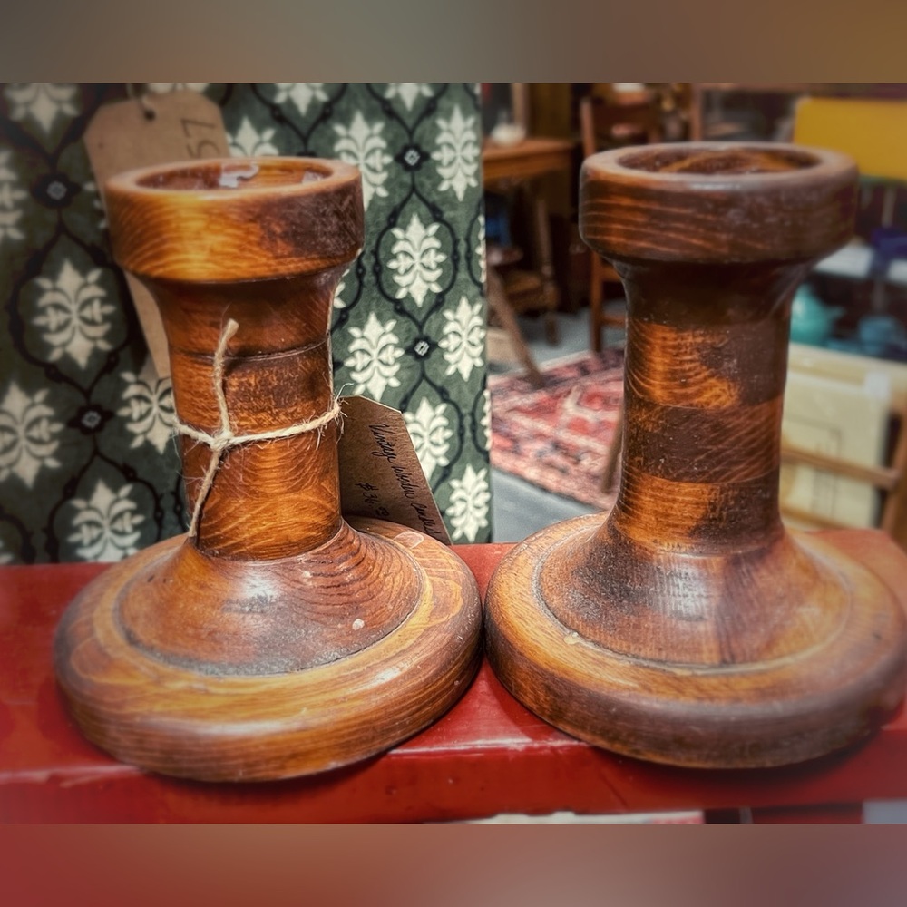 Vintage pair of wooden candle holder'